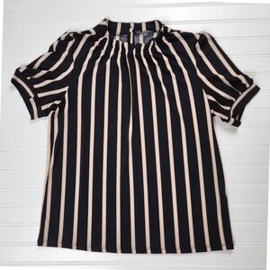 Adriana Papell Womens Size Medium Blouse Black Striped Short Sleeve Pleated